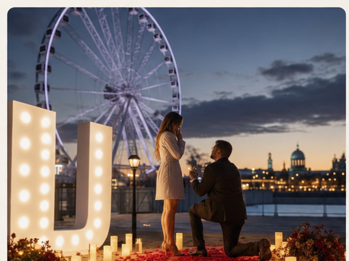 Romantic proposal moment near La Grande Roue de Montreal