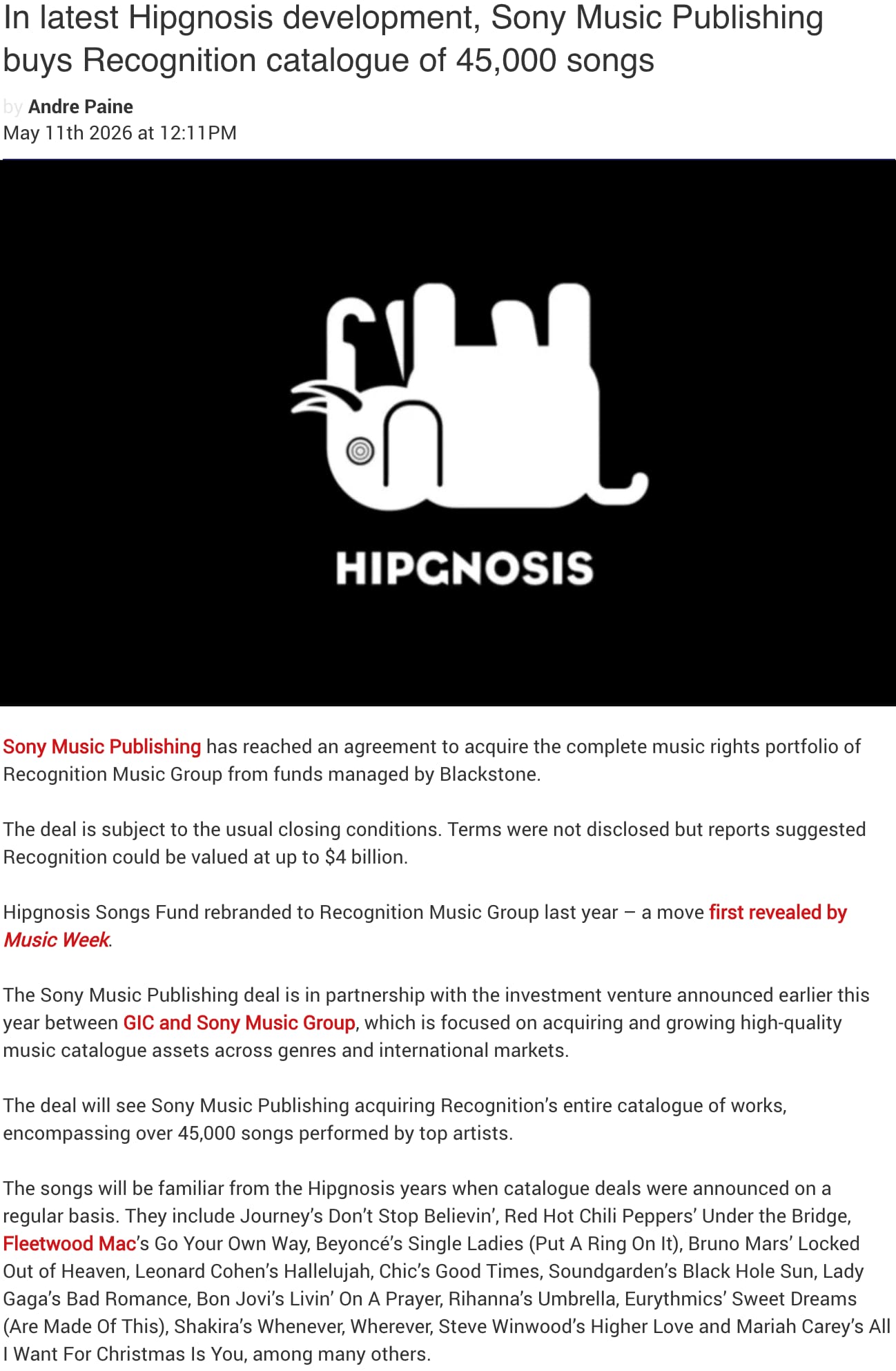 Article de presse sur Hipgnosis Songs et le contexte du rachat par Sony Music